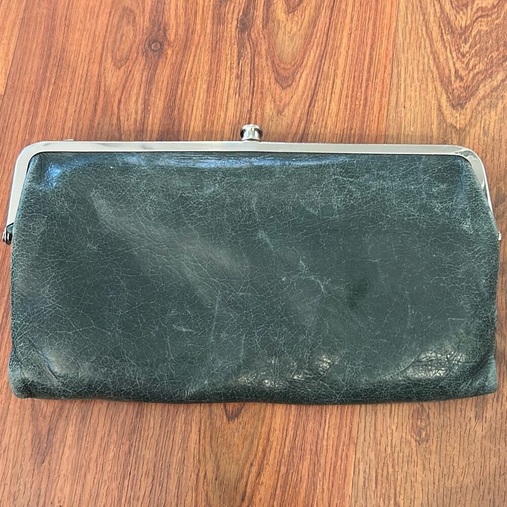 HOBO Dark Green Leather Clutch Wallet with Silver Frame